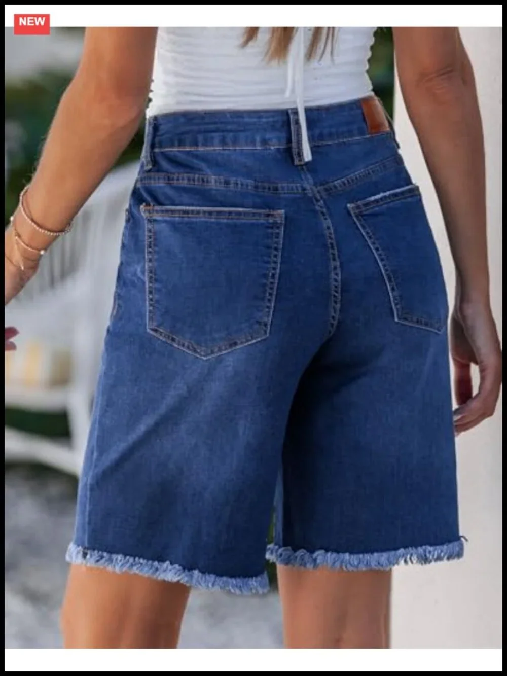 Stretch Denim Bermuda Shorts for Women Mid-Rise Raw Hem Knee Length 10